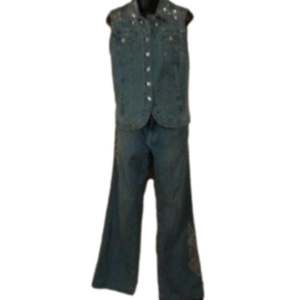 Christine Alexander denim vest and jean set.( Size small, 2 items).